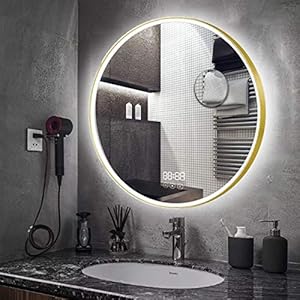 60 cm ronde badkamerspiegel – LED badkamerspiegel met digitale klok, LED-licht, touch-schakelaar