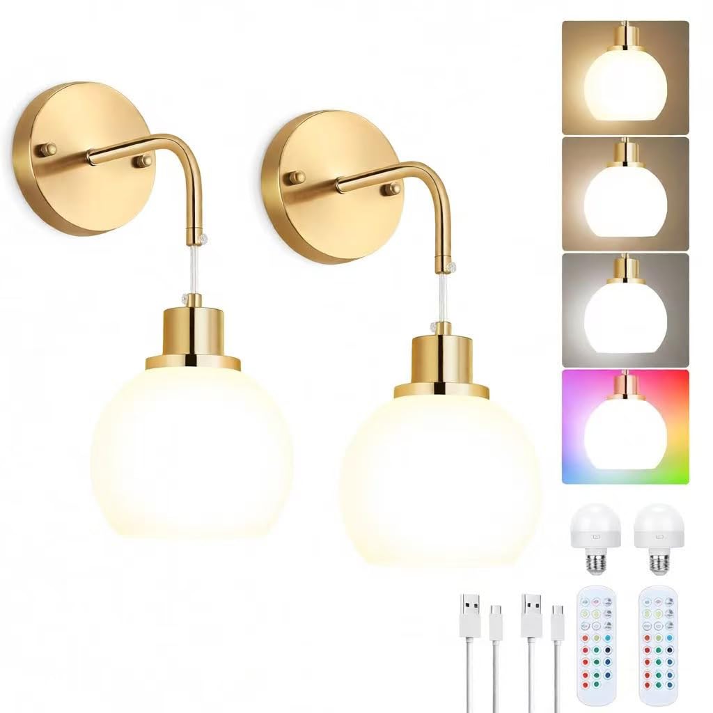 HELCEKOU Battery Operated Wall Sconces Set of 2,Glass Rechargeable Sconce 3 Color Temperature and RGB Dimmable lampes with Bulbs Lights Remote Control for Bedroom Living Room