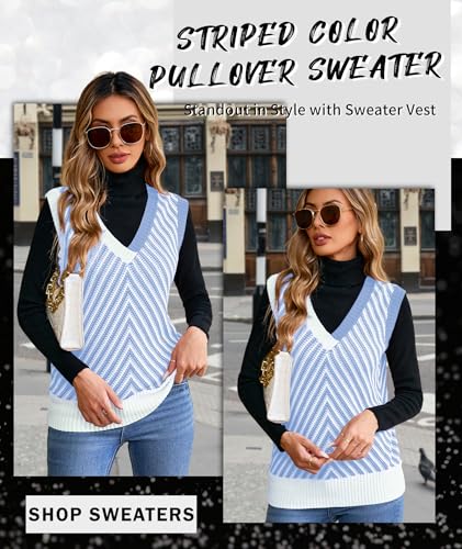 Image of MARZXIN Women Sleeveless Sweater V Neck Casual 2026 Fall Knitted Chevron V Neck Sweater Vest Color Block Pullover Sweater Top