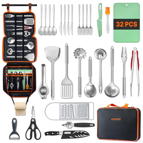 GAIALOOP Camping Cooking Utensils Set 32 PCS Camp Kitchen Cookware Kit with Organizer Bag Portable RV Camping Essentials Camper Must Haves for Cookouts Open Fire Pit