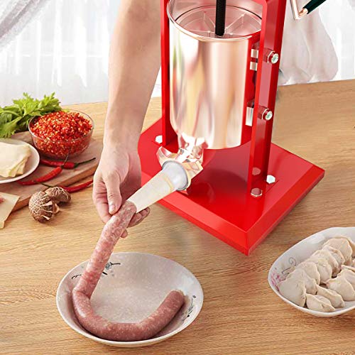 Foto von DREAMADE Wurstfüller Manuell, Wurstfüllmaschine mit 4 Füllrohre, Wurstfüller Edelstahl Wurstmaschine, Fleischwolf Wurstspritze Wurstpresse, Silbrig (3 L-Rot)