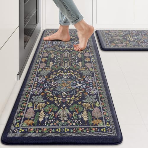Image of KIMODE Anti Fatigue Kitchen Mats for Floor 17 inchx47 inch+17 inchx29 inch, Dark Blue Vibrant Floral Kitchen Rugs, Non Slip Waterproof Kitchen Floor Mats, Comfort Standing Mats for Laundry Office Sink Desk
