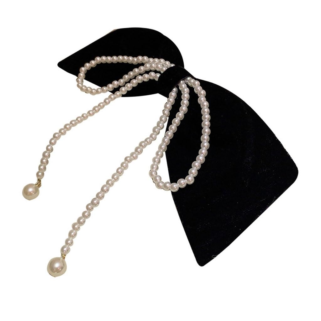 Nœud velours noir à perles pour coiffure romantique et poétique