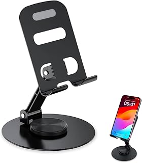 Phone Stand – Adjustable 360° Rotating Desk Holder, Foldable Metal with Secure Grip, Portable Mobile Stand, Universal for Smartphone & Tablet, S-355 (Black)