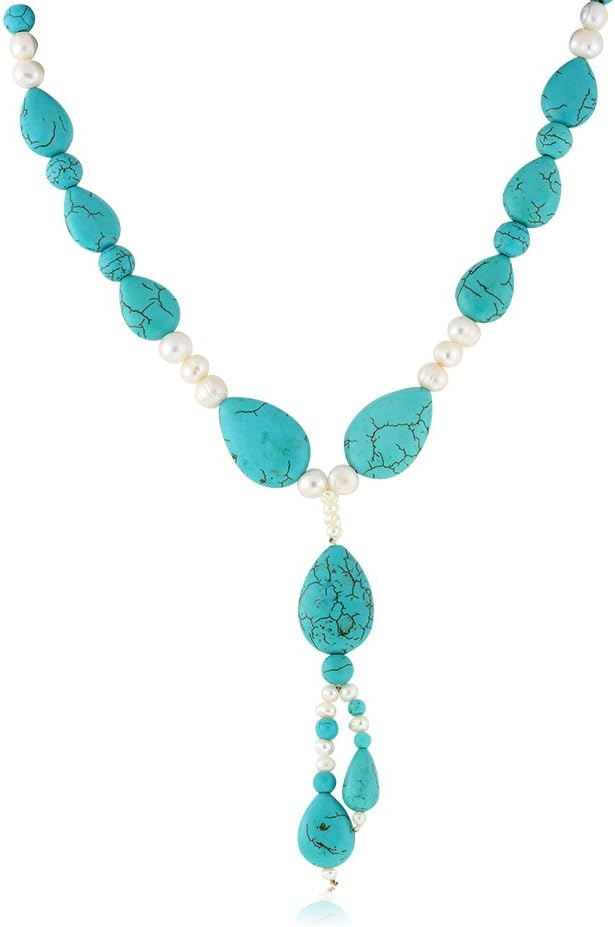 Gemstoneking 20 Inch Handmade Simulated Turquoise Cultured Freshwater Pearl Necklace For Women