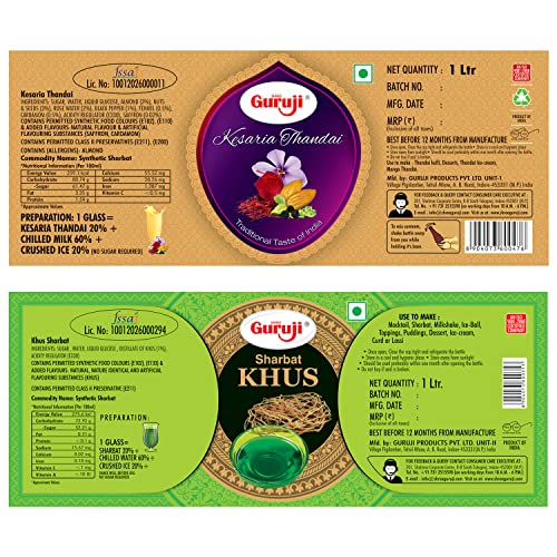 Image of SHREE Guruji Kesaria Thandai & Khus Sharbat Combo Pack Special Dry Fruit Syrup Instant Refreshing Drink For Summer (1 Litre), Liquid