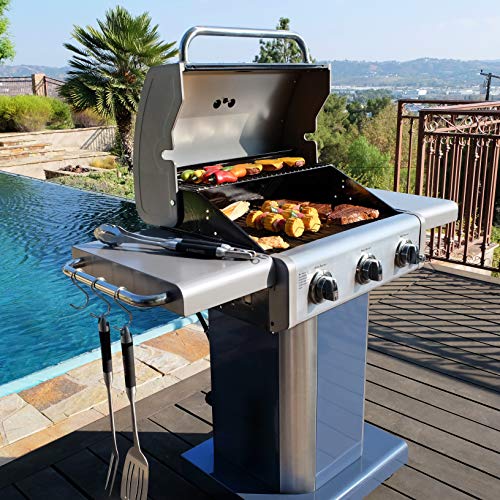 Kenmore-3-Burner-Propane-BBQ-Grill-30000-BTUs-Gas-Grill-with-Cast-Iron-Cooking-Grates-Folding-Side-Tables-Wheels-Outdoor-Grill-with-Tool-Hooks-Azure-Blue