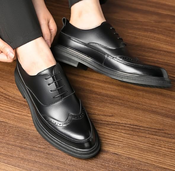 Men's Platform Wingtip Brogue Dress Shoes Black Vintage Leather Oxford Shoe Casual Work Business Office Footwear Sneakers3