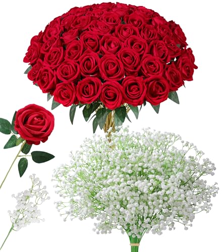 Image of HyeFlora 35 PCS Artificial Red Roses with 15 PCS Fake Baby Breath Realistic Fake Flowers Bouquet with Long Stem for DIY Wedding Party Home Decoration Vase Tables Centerpieces Arrangements Gift for Her