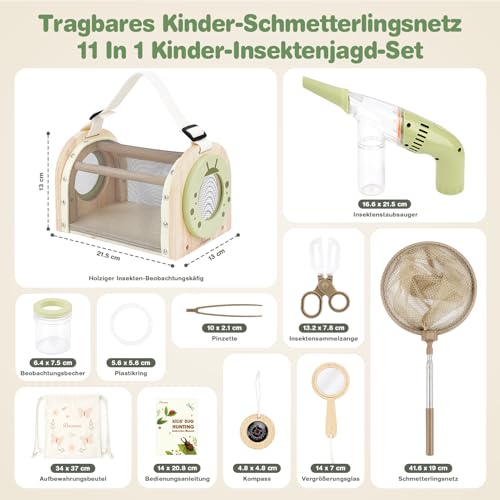 Dreamon Kinder Abenteuer Entdecker Bug Set, mit Schmetterlingsfangnetz, Insektenbeobachtungskäfig aus Holz, Becherlupen, Insektenfänger… – Ansicht 6