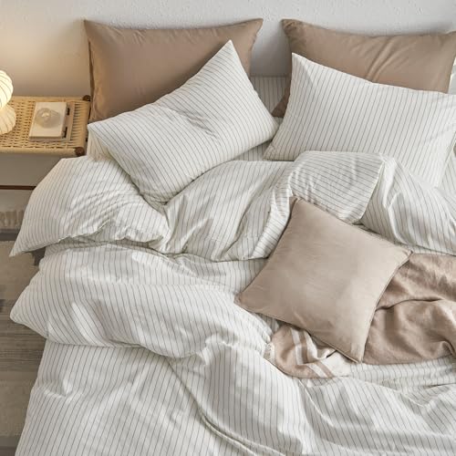 Image of MooMee Striped Duvet Cover Set 100% Washed Cotton Linen Like Full | Relaxed Linen-like Texture. Soft, Breathable & Long-lasting Comfort. Lightweight. Hidden Zipper with 8 Interior Corner Ties