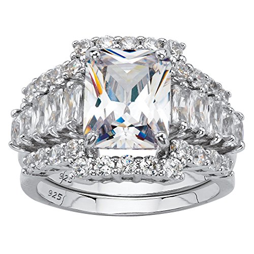 Platinum over Sterling Silver Emerald Cut Cubic Zirconia 3-Piece Bridal Ring Set Size 7