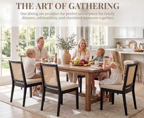 Image of HNY Farmhouse Rattan Dining Chairs Set of 4, Black Solid Hardwood Frame, Upholstered Linen Seat, Ergonomic Cane Back Dining Room Chairs for Kitchen, Dining Room, Apartment, Beige
