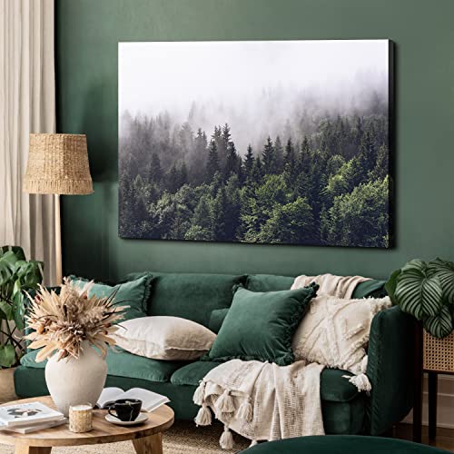 Image of Pine Tree Canvas Wall Art for Living Room Kitchen, Rustic Misty Foggy Forest Scenery Picture Wall Decor Nature Mountain Landscape Prints Poster Fall Trees Painting Modern Artwork Home Decoration 32x48 inch