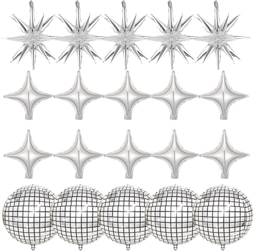 Image of 20pcs 22Inch Silver Disco Ball Ballons, 4D Large Foil Balloons with Metallic Star for 70s Disco Dance Birthday Graduation New Year (Silver Star /Disco Ball 20pcs)