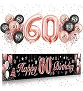 60th Birthday Decorations for Women,BTZO Black Rose Gold Happy 60th Birthday Banner Birthday Ball...