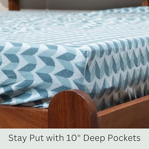 Image of Amazon Brand - Umi Cotton Fitted Bedsheet, Queen Size 78x60 Inches, Elastic Fit Bed Sheet, 10 Inch Deep Pocket, Soft Breathable Bedding, Durable Easy Care, with Pillow Cover-Coastal Crest