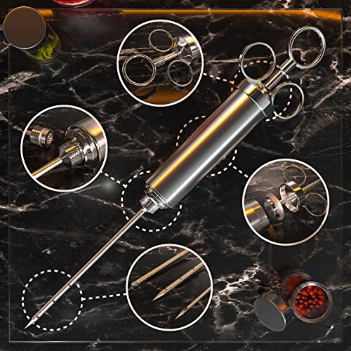 Foto von Edelstahl Fleischspritze, Marinierspritze, BBQ Bratenspritze mit 3 Nadeln, 60 ml Gewürzspritze für Rind, Huhn, Gebäck mit Marmelade zu befüllen, 304 Edelstahlausführung (Silber)