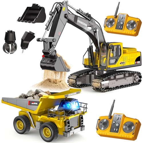 GraceDuck Pelleteuse Télécommandée et Camion Telecommande pour Enfants – Kit de Chantier 3-en-1 avec 2 Manettes, Pelleteuse Enfant avec Accessoires en...