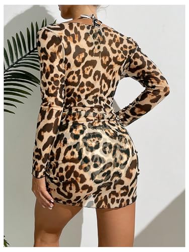 Verdusa Women's 3 Piece Cheetah Leopard Print Halter Tie Back Triangle Bathing Suits Cover Up Dress2
