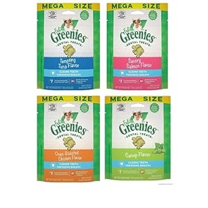 Pet Faves (4-Pack) Feline Dental Cat Treat Variety Bundle 4 Flavors – 4.6oz Each Bag, Tempting Tuna, Savory Salmon, Oven Roasted Chicken, and Catnip Flavor
