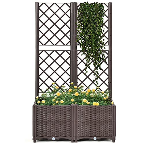 RELAX4LIFE Jardinière avec Treillis Bac à Fleurs pour Plantes Grimpantes, Jardiniere sur Pieds Résistant à Humidité pour Jardin Patio Terrasse (80 x 40 x 135cm, Marron)