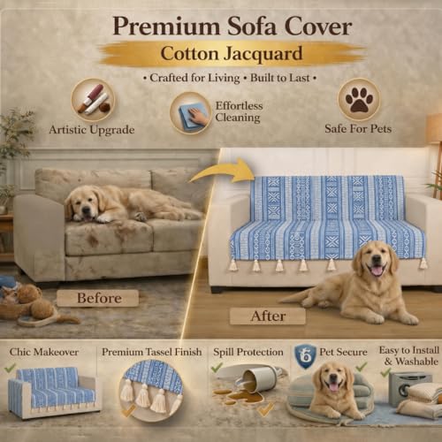 Image of STITCHNEST 'Verdant Bohemian Stories' 2 Seater Sofa Cover - Full Coverage| Elegant Jacquard Fabric, Decorative Tassels, Washable & Durable for Modern Living