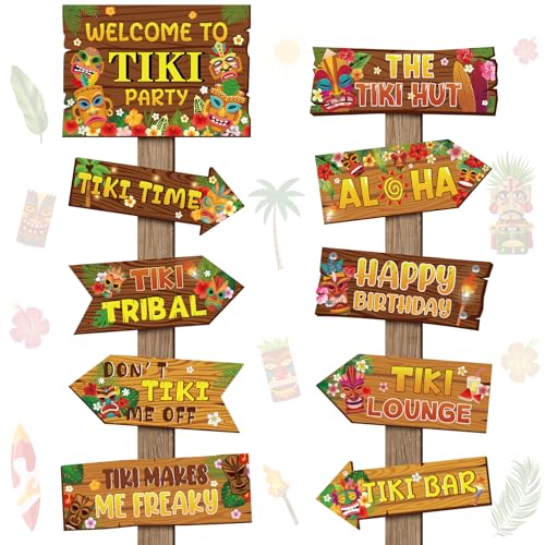 Image of Hooqict 20 Pieces Hawaiian Luau Party Decorations Welcome to Tiki Party Directional Sign for Outdoor Summer Tropical Hawaiian Luau Tiki Birthday Party Decorations Supplies
