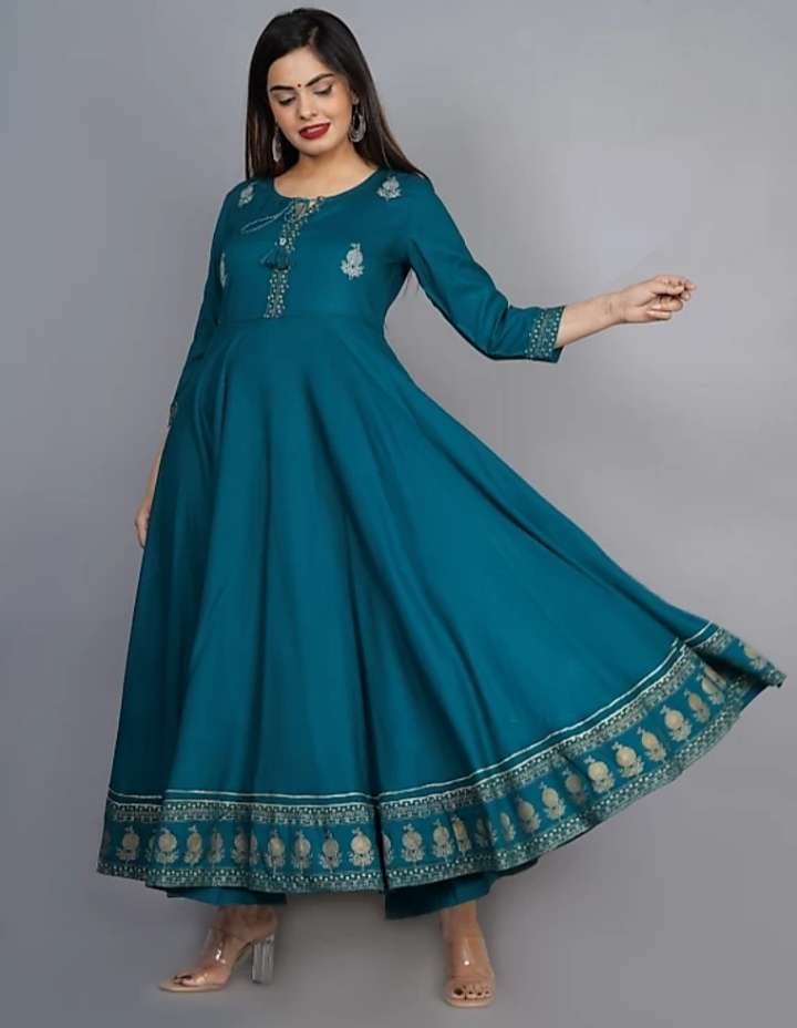 Image of Women's Rayon Golden Flroal Printed Anarkali Kurti