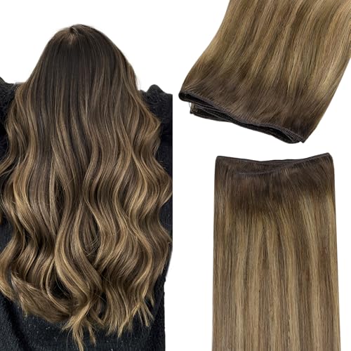 Image of GOO GOO Sew in Hair Extensions Real Human Hair, Weft Hair Extensions Human Hair, 4D /14 /5B Brunette Balayage 22inch 110g, Weft Bundles Straight Silky Remy Hair