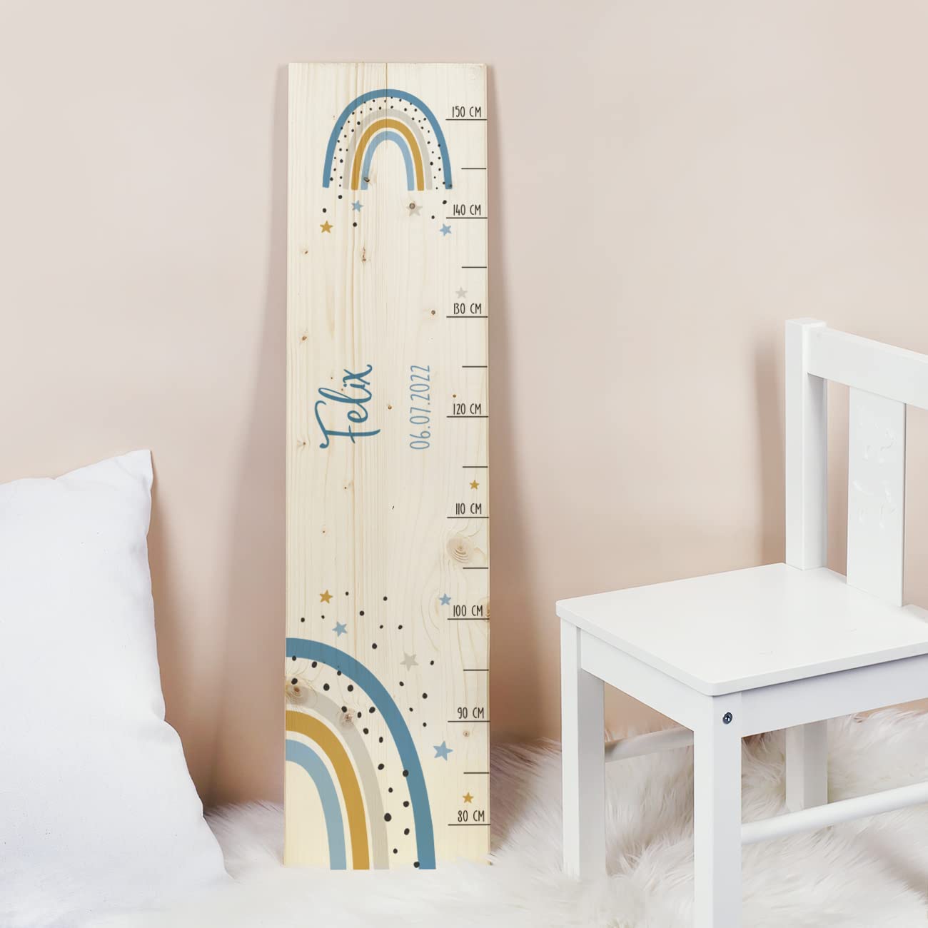 Striefchen® Messlatte für Kinder mit Namen aus Holz für Kinderzimmer mit niedlichen Motiven Messleiste Regenbogen Blau