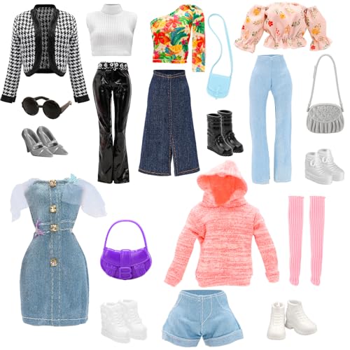 15 PCS Doll Clothes & Accessories Includes 5 Stylish Doll Outfit, Hooded Wear, Dress, Jacket, Casual Clothing with 5 Pairs of Shoes 5 Accessories for...