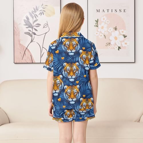 ALAZA Tiger Blue Plam Leaf Satin Pajamas Set Short Sleeve Button Down Sleepwear Summer Pjs 2 Piece4