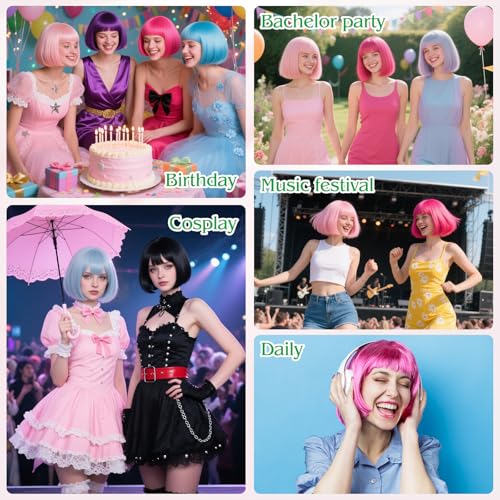 Image of MEEZY Green Short Bob Wigs Straight Hair with Flat Bangs Heart Sunglasses for Women, Colorful Funny Cosplay Party Neon Wig Synthetic Natural As Real Carnival Halloween Costume