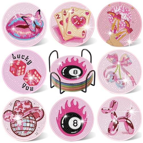 YarnWhimsy 8PCS Pink Disco Diamond Art Coasters Set Funny Vintage Diamond Painting Coasters with Holder & Cork Pads DIY Round Full Drill Arts and Crafts for Adults Crystal Gem Art for Coffee Drink