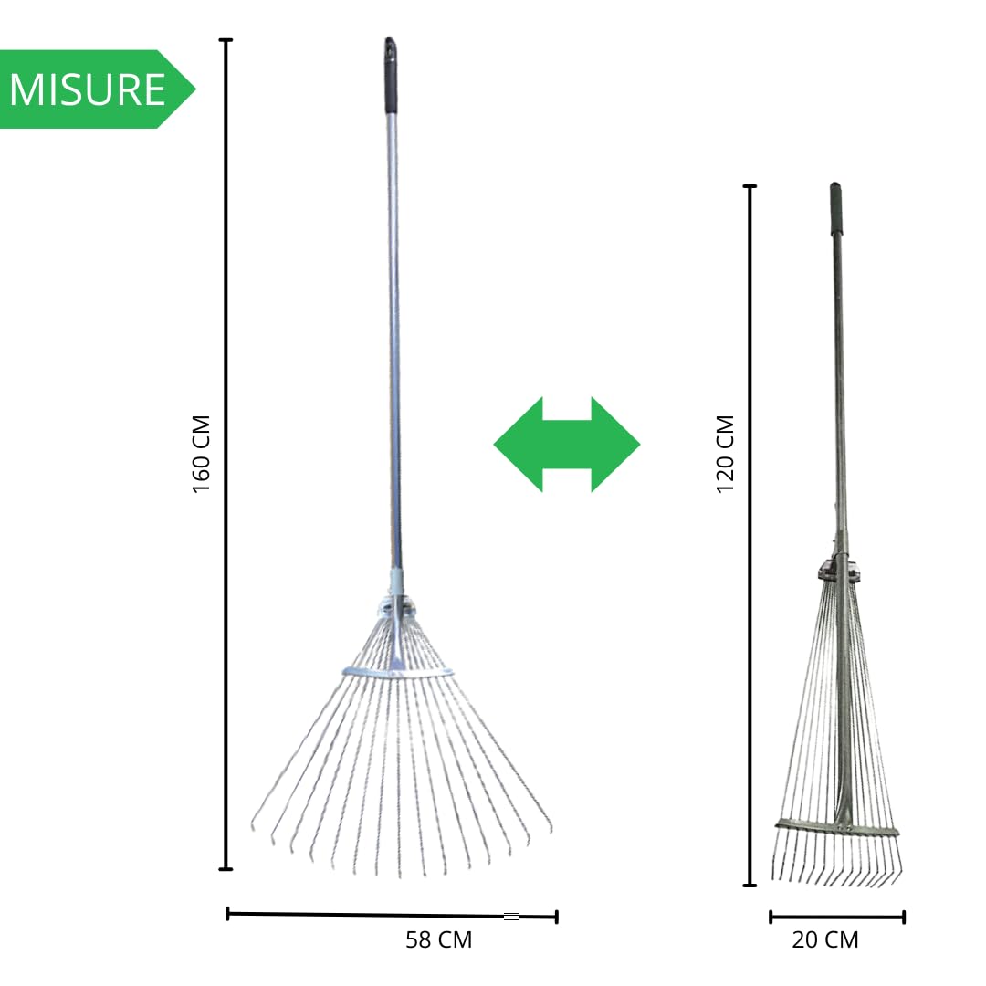 Scopa/Rastrello per Foglie Regolabile – 15 Denti in Acciaio Zincato, Manico Telescopico 126–160 cm con Impugnatura Antiscivolo – Ideale per Giardino