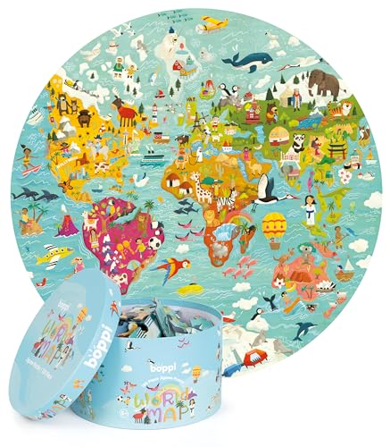 boppi puzle para niños circular del mapamundi hecho de cartón 100 % reciclado de 150 piezas con animales, para niños de 3, 4, 5, 6, 7 y 8 años, 58 cm de diámetro
