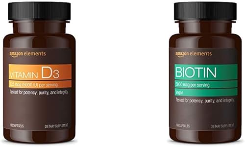 Amazon Elements Vitamina D3, 5000 UI, 180 cápsulas blandas, suministro para 6 meses y biotina 5000 mcg, vegano, 130 cápsulas (suministro para 4