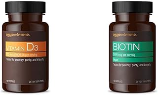 Amazon Elements Vitamin D3 (180 Softgels) and Amazon Elements Vegan Biotin (130 Capsules)