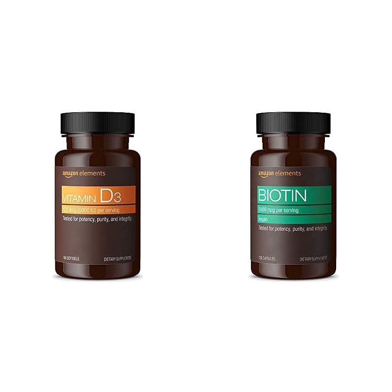Amazon Elements Suplemento de Vitamina D3 e Biotina 5000 UI e 5000 mcg, 180 cápsulas gelatinosas e 130 cápsulas