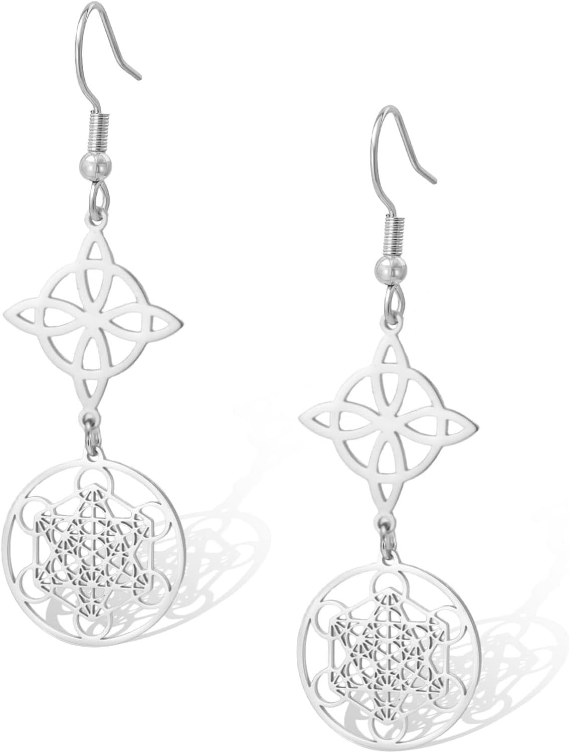 WOMGKDA Metatron Cube Sacred Geometry Dangle Earrings Stainless Steel Celtic Knot Witches Knot Amulet Protection Witchcraft Jewelry for Women, Silver 1
