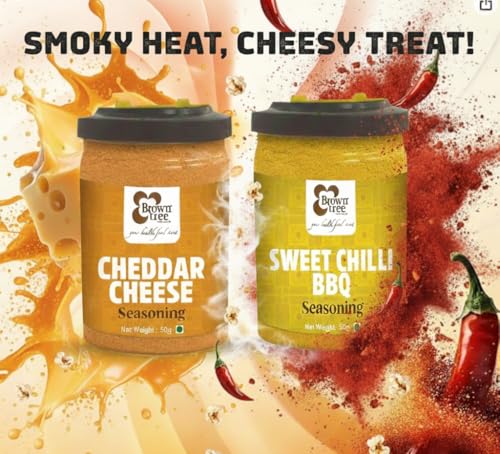 Image of Browntree Popcorn Seasoning Powder Combo Pack-Cheddar Cheese + Sweet Chilli BBQ-100g(Each Pack 50g) |Movie Style Popcorn Seasoning Powder|Cheesy & Smoky Flavours |Perfect for Fries &Snacks