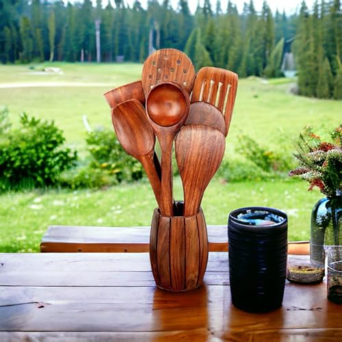 Image of Wooden Kitchen Utensil Set with Holder | 7 Piece Teak Wood Cooking Tools Set with Spoons & Spatulas | Non Stick Safe Kitchen Accessories for Cooking, Serving & Baking