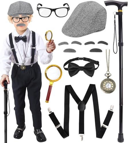 Boutrele 100 Days of School Costume for Boys Kids Old Man Costume for Kids Boys Grandpa Costumes Accessories Set