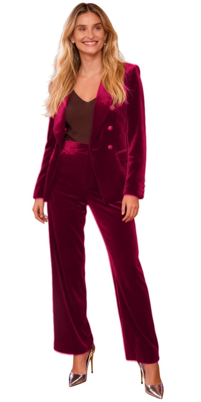 Slim Fit Velvet Suit for Women Double Breasted Business Suit Christmas Blazer Pants Set Prom Tuxedos