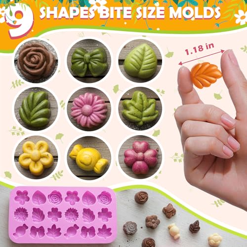 Image of HKNMTT Flower Candy Molds Silicone, Small 9 Shapes Bite Size Chocolate Gummy Jello Gelatin Spring Cute Bow Rose Leaf Dessert Wax Melt Ice Cube Moulds Food Grade Treats Making Oven Safe Kids DIY Set