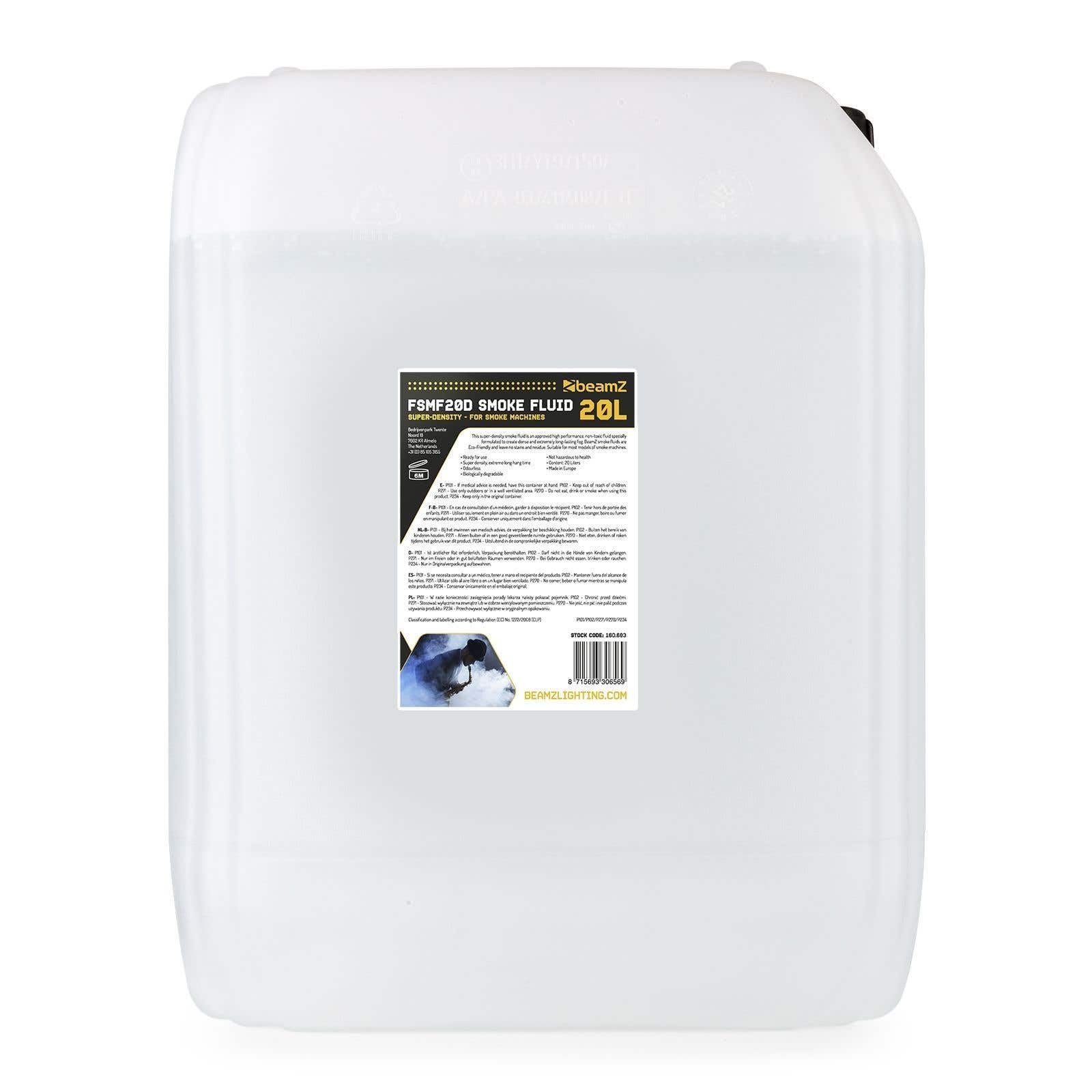 BeamZ Liquide pour Machine à Fumée 20L - Haute Densité, Haute Performance, ne Laisse Pas de Résidus, Biodégradable, Non Toxique pour la Santé et l'environnement