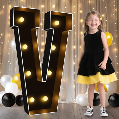Image of Pooqla 3FT Marquee Light Up Letters, Black Large Letter V Party Decorations | LED Marquee Letters 3 Feet Tall, Black Giant Mosaic Letters Gift for Boys Men Birthday Anniversary Wedding Decoration