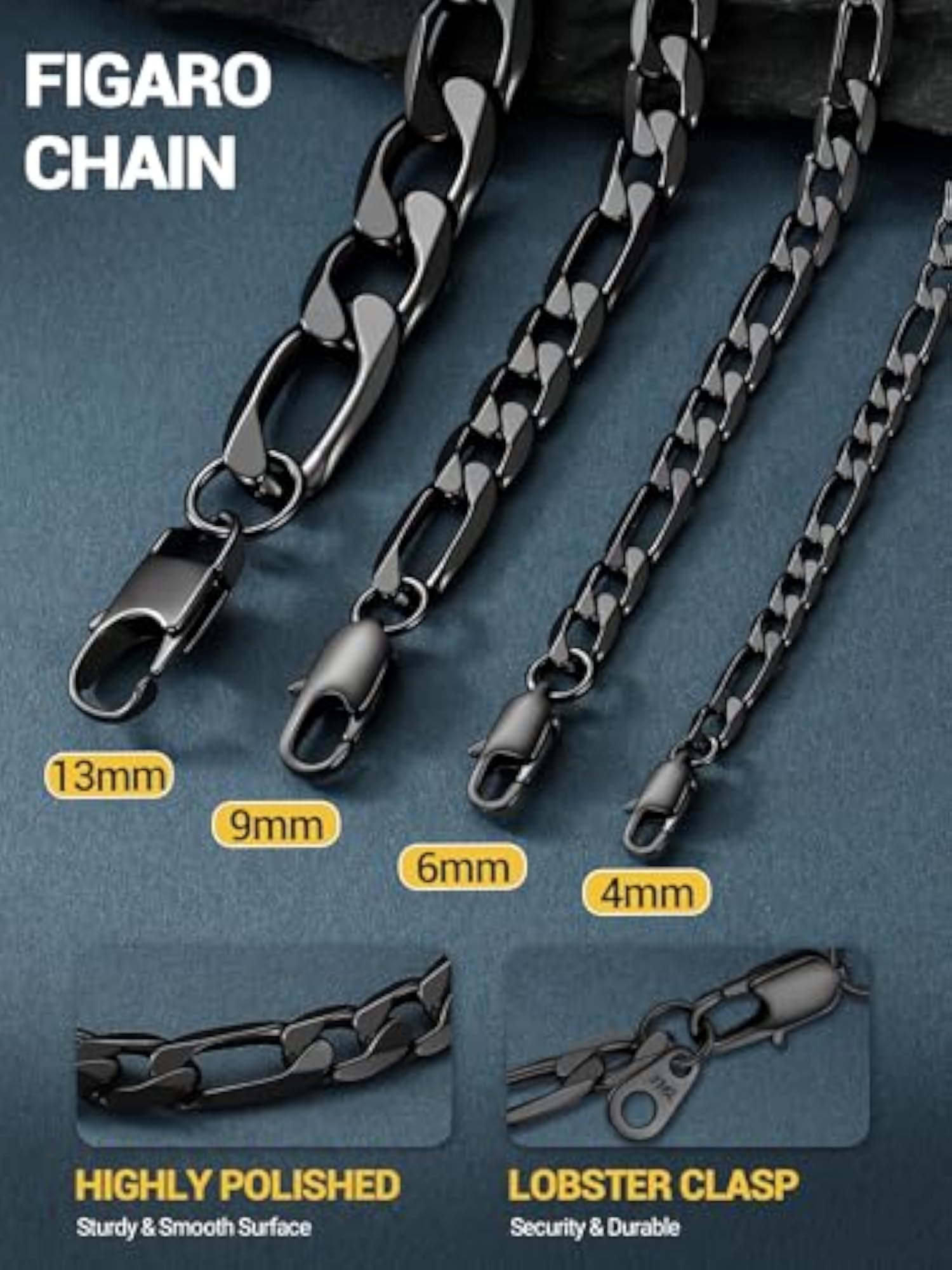 Figaro Chain Necklace for Men/Women, Black/Gold Plated