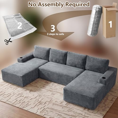 Image of 133 inch U-Shape Cloud Couch, Modern Modular Sectional U-Shape Sofa, Corduroy Boneless Couch Upholstered Couches Deep Seat Sleeper Chaise Longue for Living Room, No Assembly Required,Dark Gray